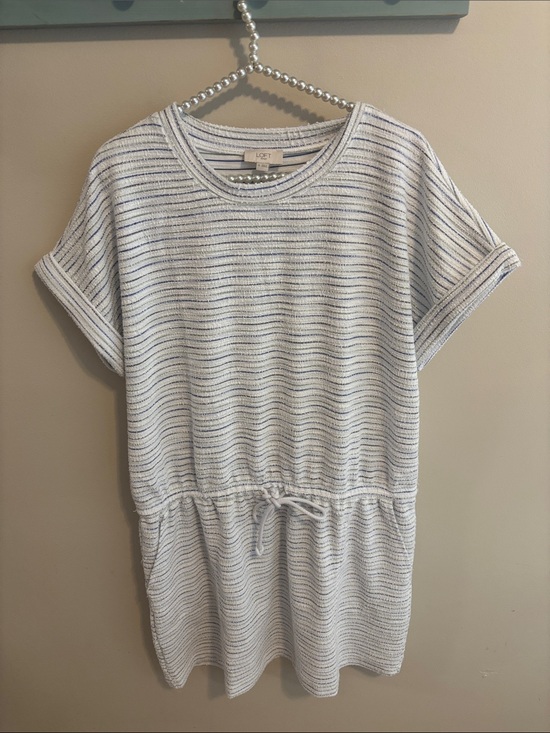 LOFT Dresses & Skirts - LOFT White Striped Short Sleeve Drawstring Dress size xl